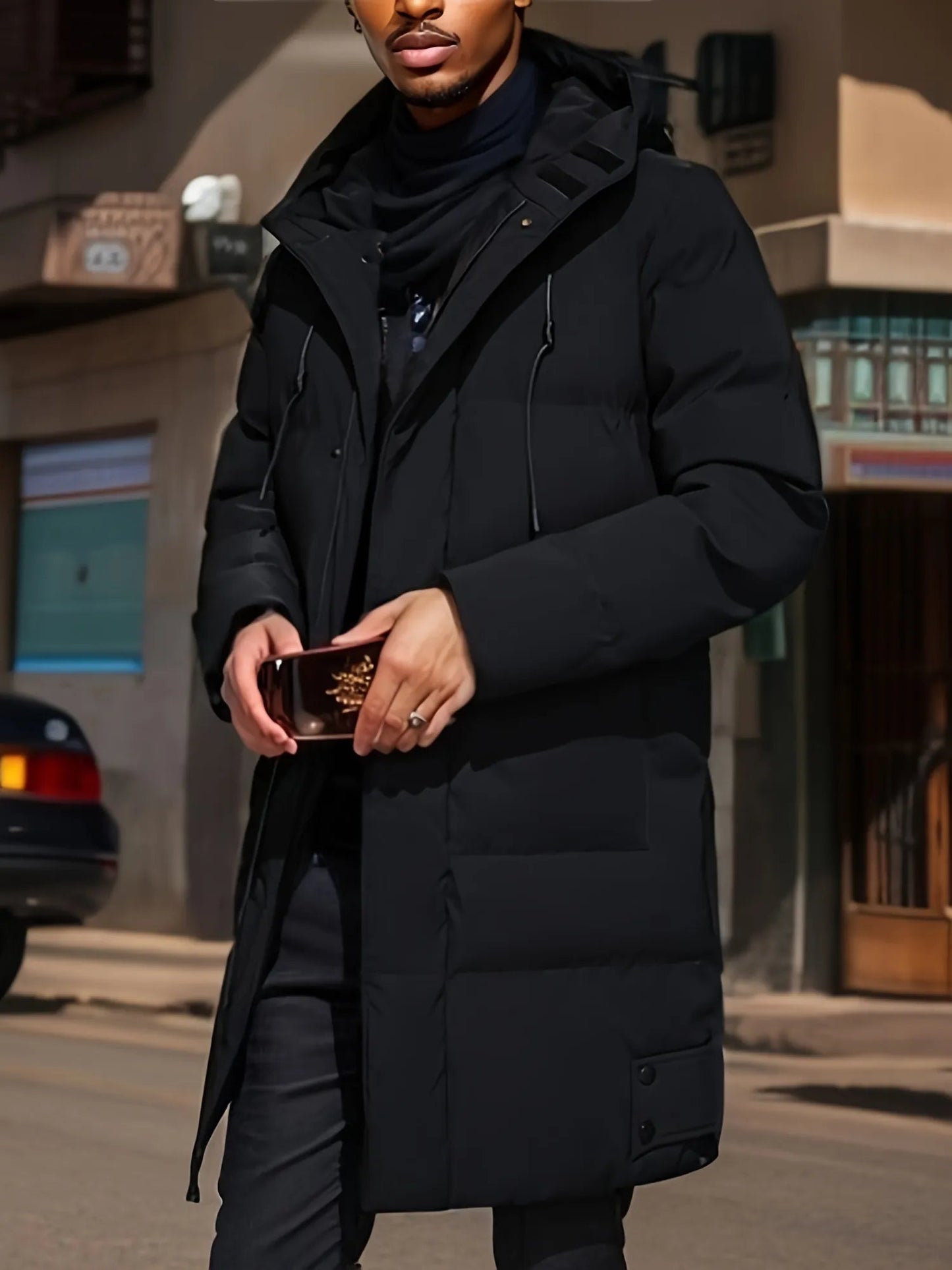 Heren Warme Lange Parka Pufferjas Winter Zwart