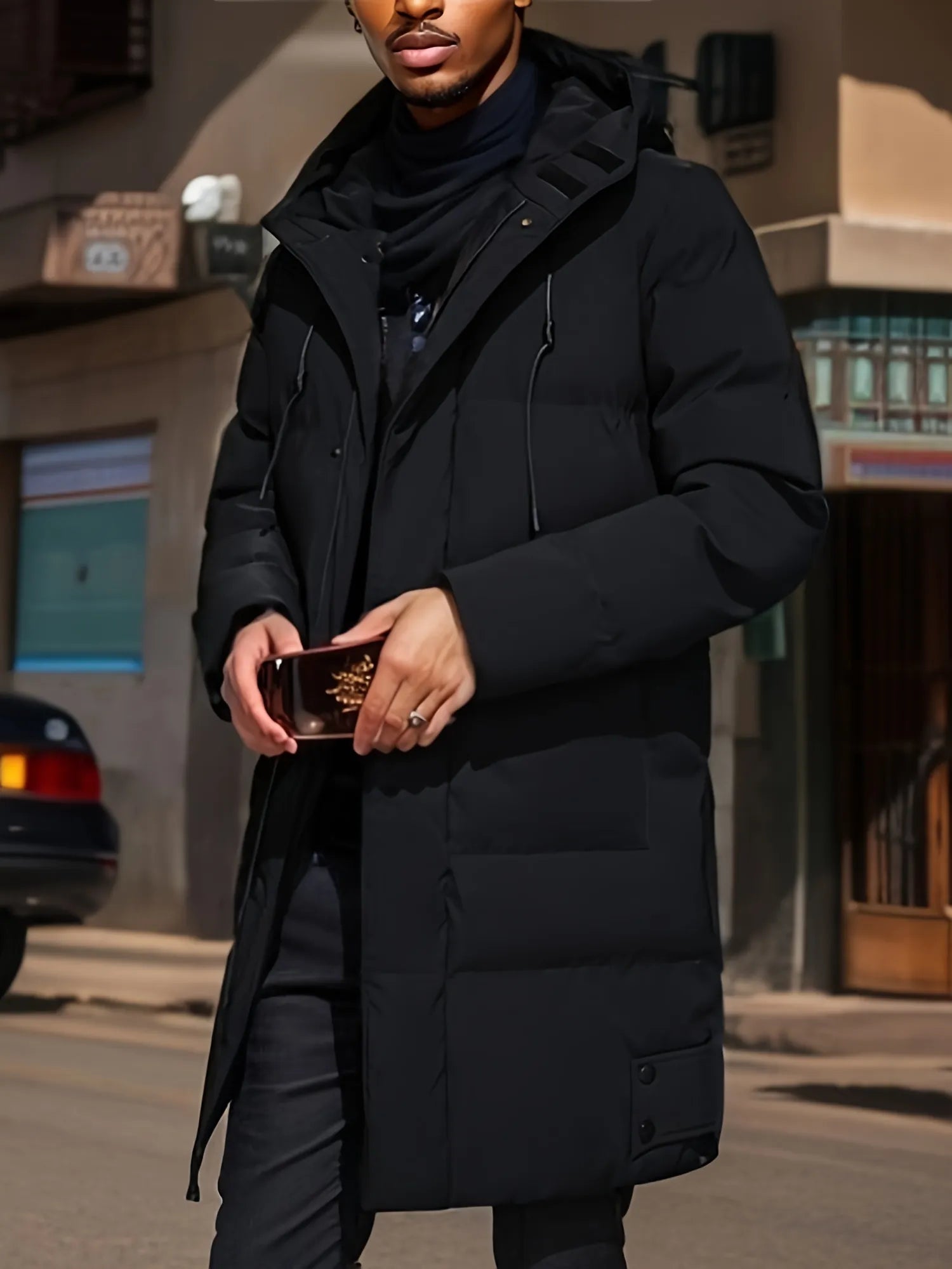 Heren Warme Lange Parka Pufferjas Winter Zwart