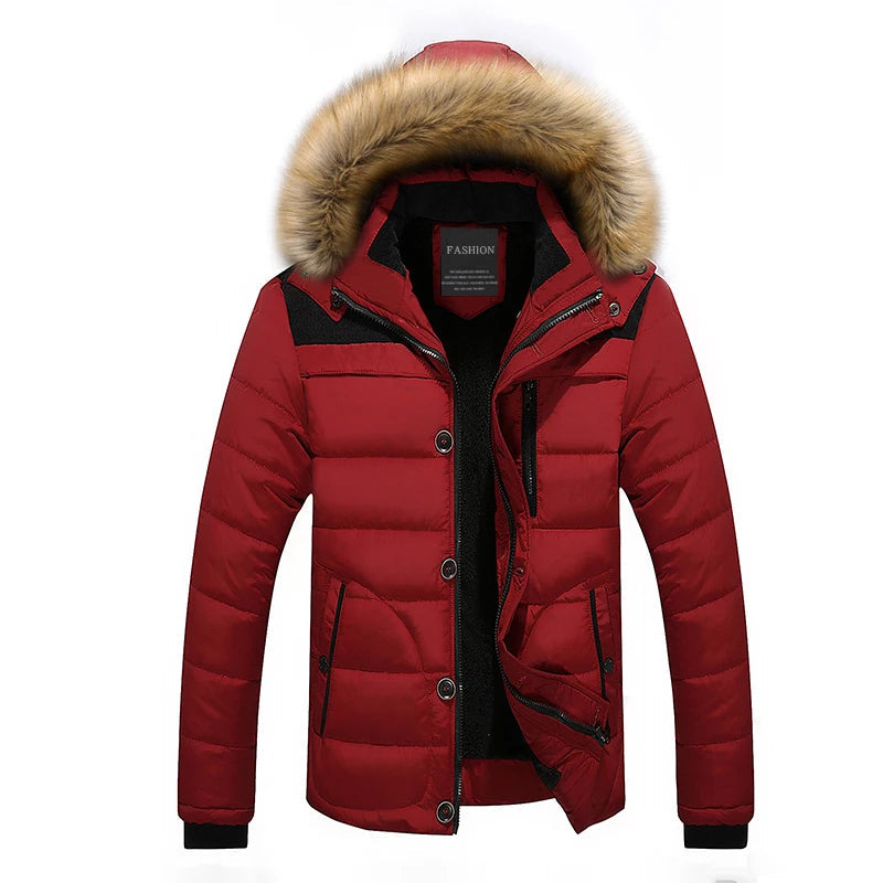 Heren Parka Winterjas met Capuchon en Bontkraag Gewatteerd Rood