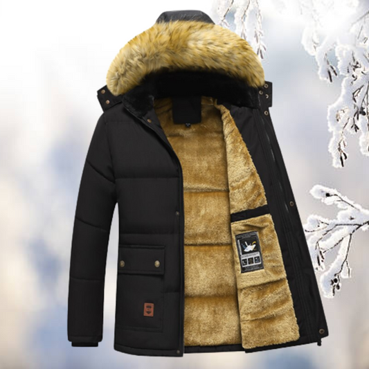 Heren Winterjas Parka met Bontgevoerde Capuchon en Fleecevoering Zwart