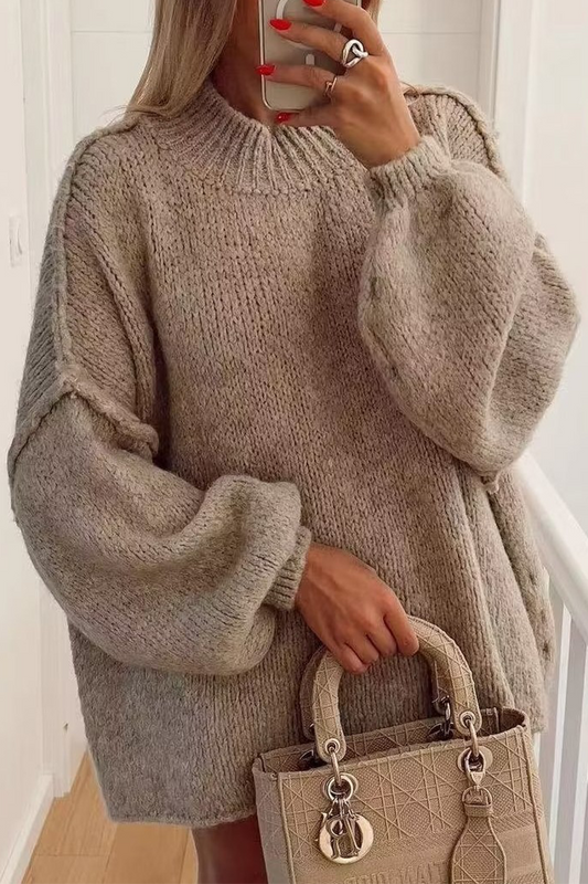 Dames Pullover met Ronde Hals en Pofmouwen Khaki