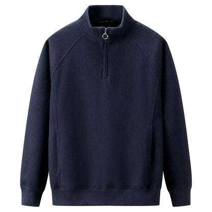Heren Pullover Lange Mouw met Halve Rits en Geribbelde Boorden Blauw