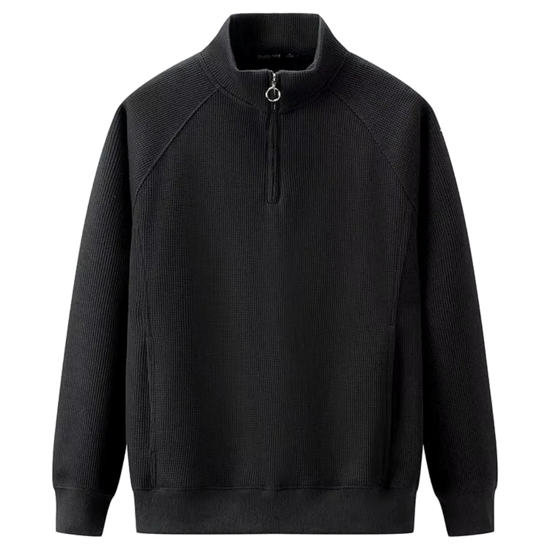 Heren Pullover Lange Mouw met Halve Rits en Geribbelde Boorden Zwart