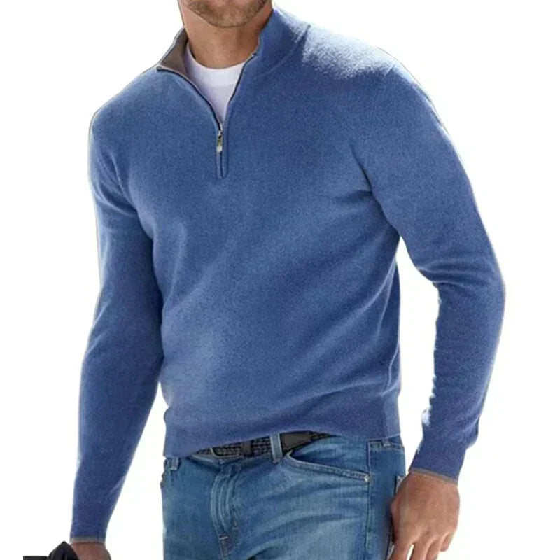 Heren Pullover Trui met Halve Rits Blauw