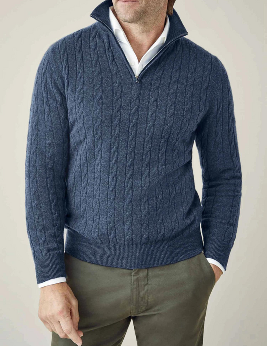Heren Pullover Trui Gebreid met Ritskraag en Kabelpatroon Donkerblauw