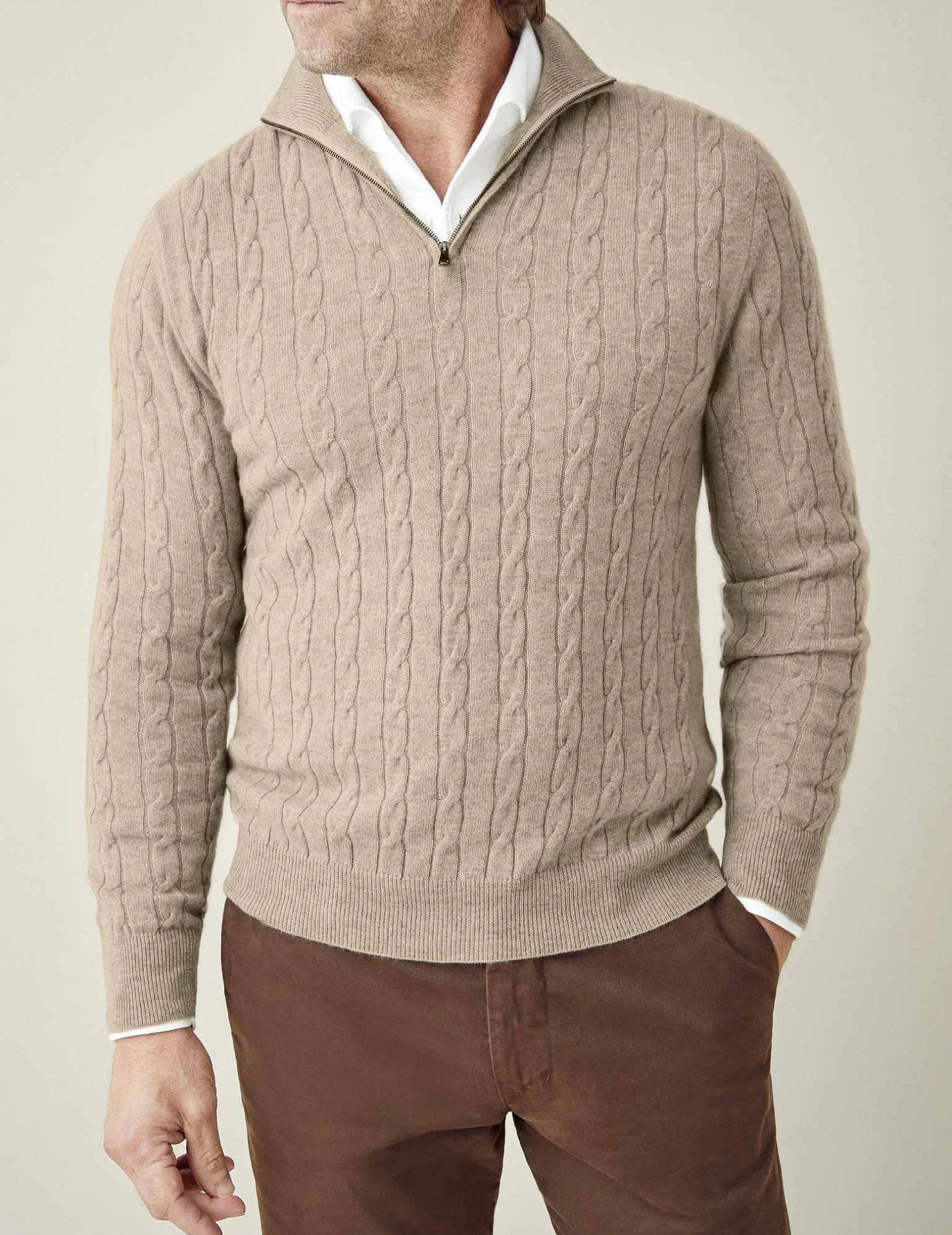 Heren Pullover Trui Gebreid met Ritskraag en Kabelpatroon Beige