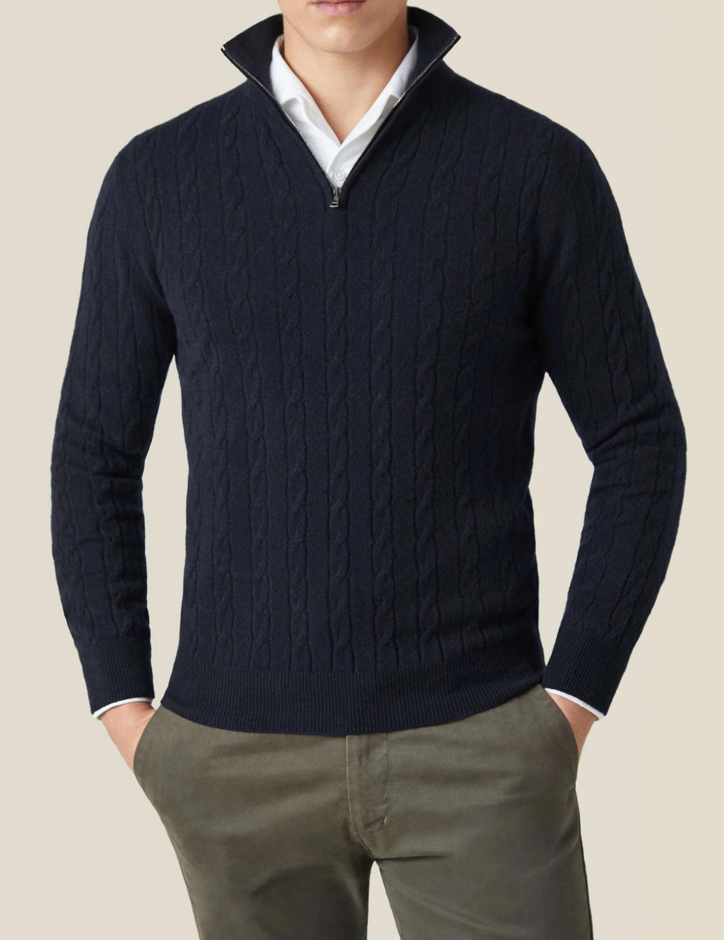Heren Pullover Trui Gebreid met Ritskraag en Kabelpatroon Zwart