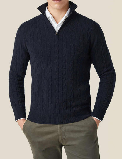 Heren Pullover Trui Gebreid met Ritskraag en Kabelpatroon Zwart