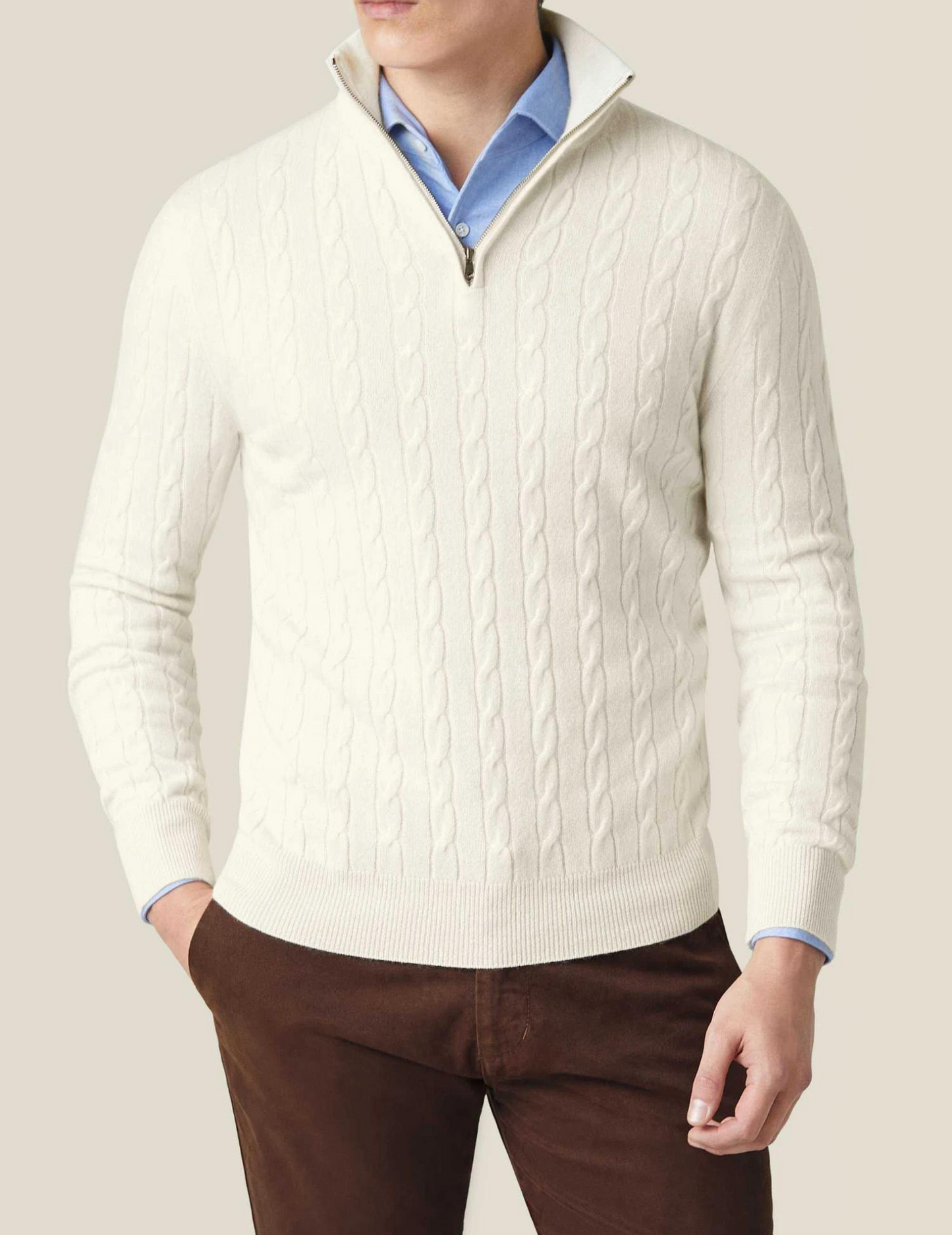 Heren Pullover Trui Gebreid met Ritskraag en Kabelpatroon Wit