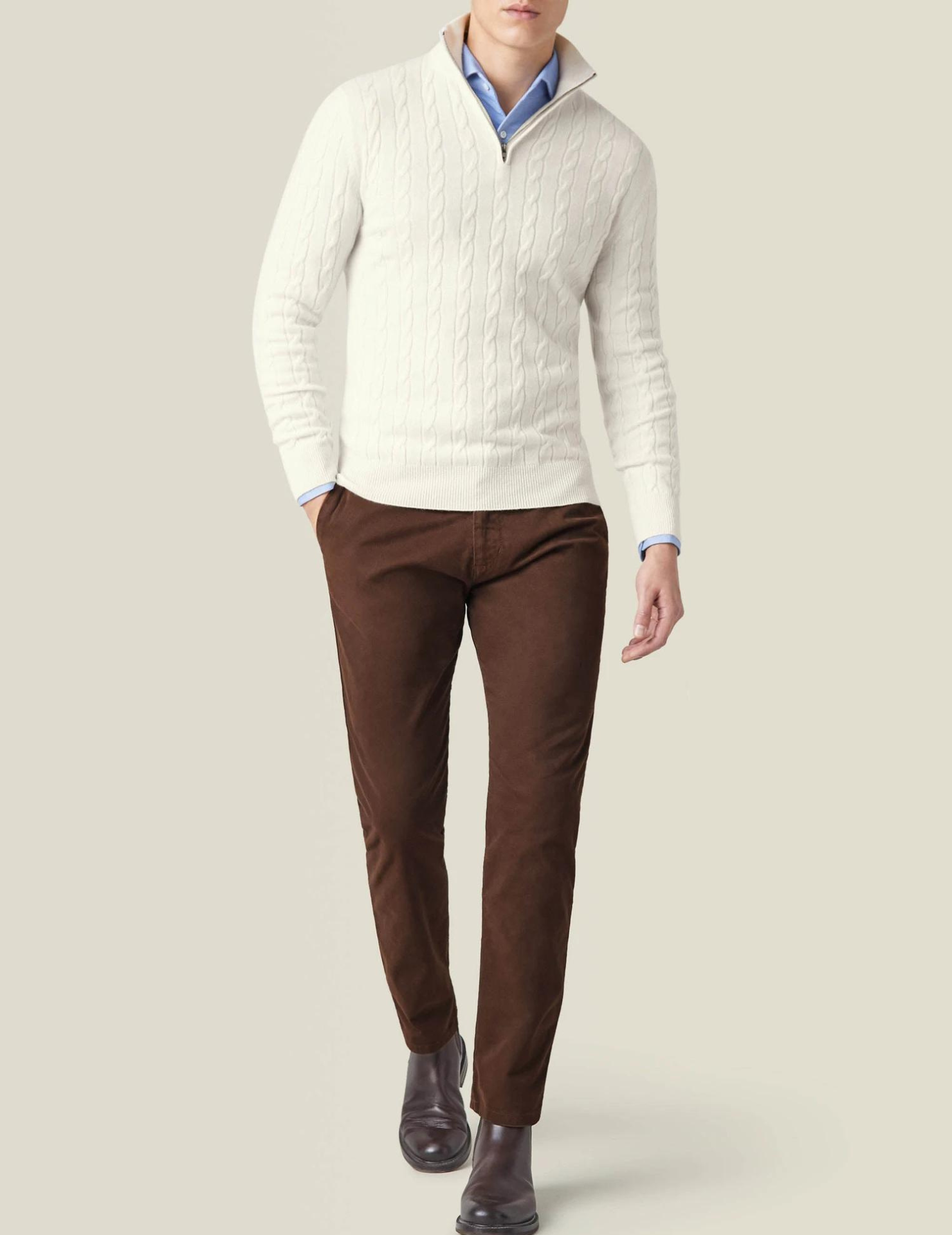 Heren Pullover Trui Gebreid met Ritskraag en Kabelpatroon