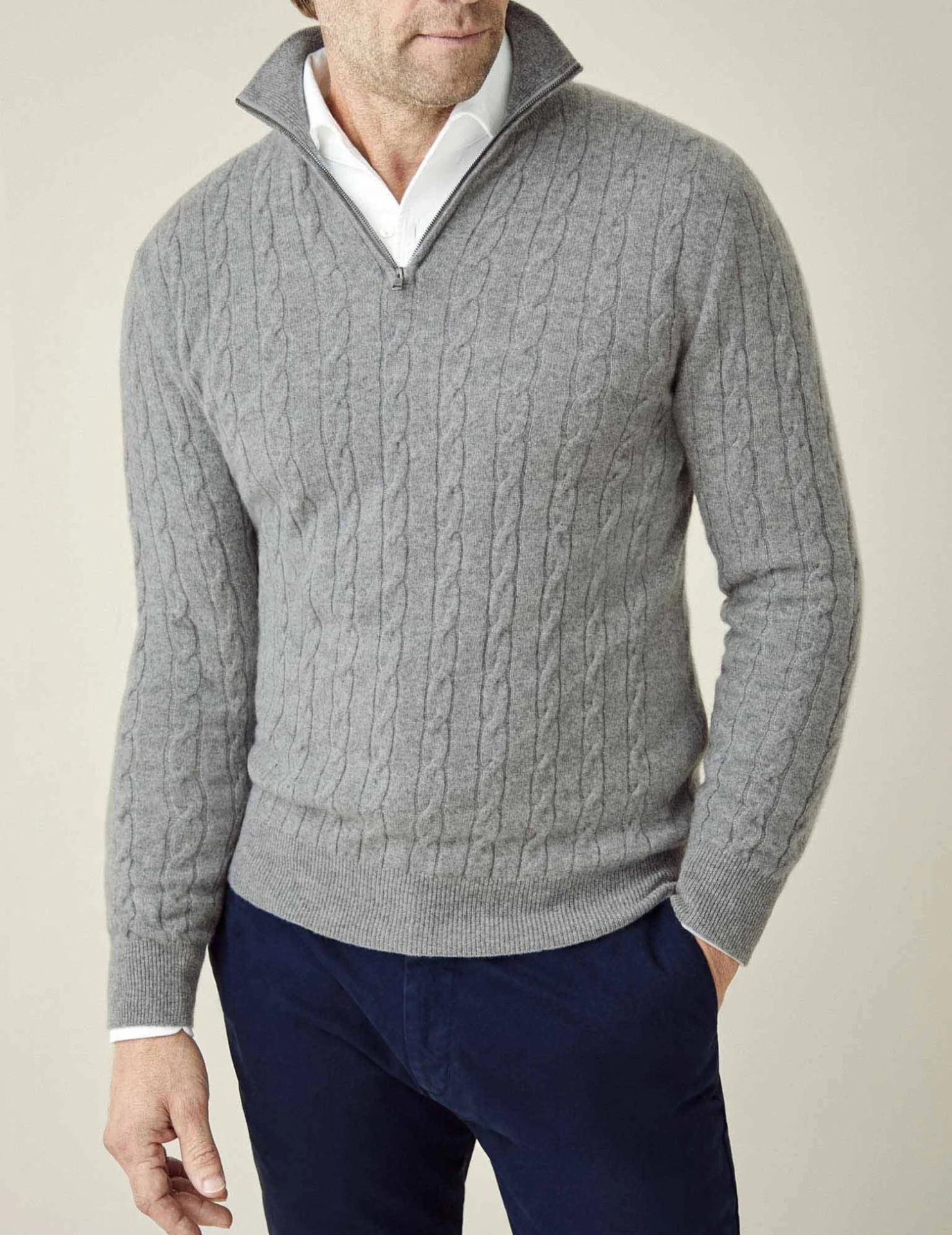 Heren Pullover Trui Gebreid met Ritskraag en Kabelpatroon Grijs