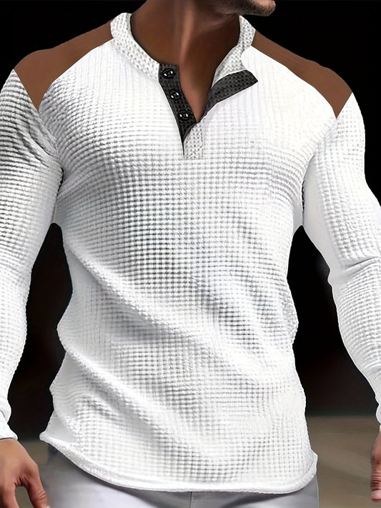Heren Henley Shirt met Wafelstructuur en Patchwork Schouders Wit