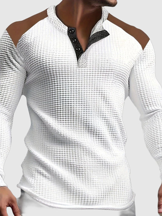 Heren Henley Shirt met Wafelstructuur en Patchwork Schouders