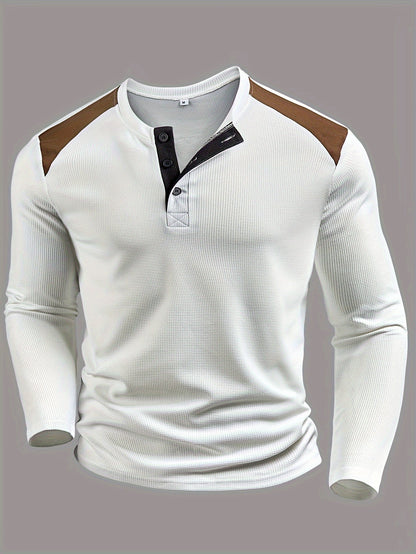 Heren Henley Shirt met Wafelstructuur en Patchwork Schouders