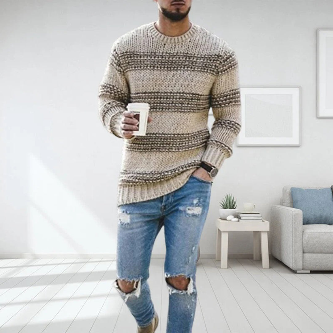 Heren Gebreide Pullover Trui met Strepen en Ronde Hals Beige