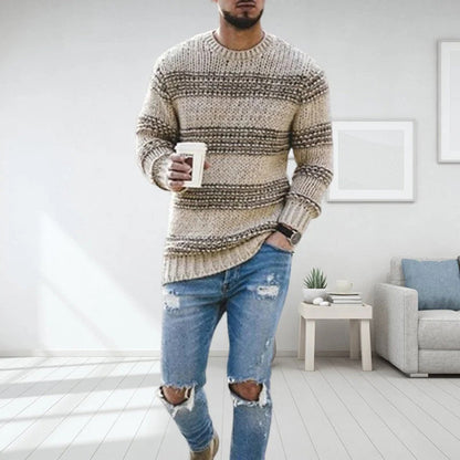Heren Gebreide Pullover Trui met Strepen en Ronde Hals Beige