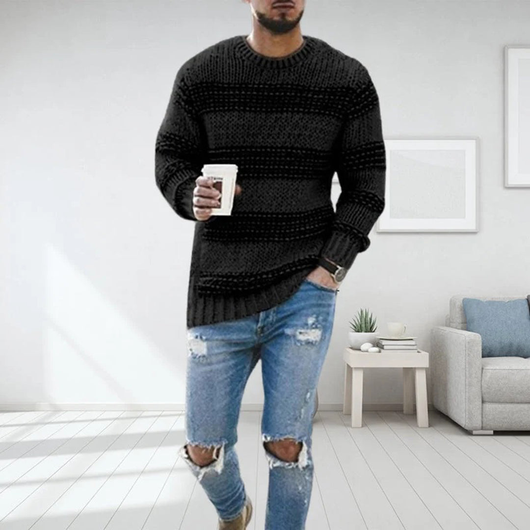 Heren Gebreide Pullover Trui met Strepen en Ronde Hals Zwart
