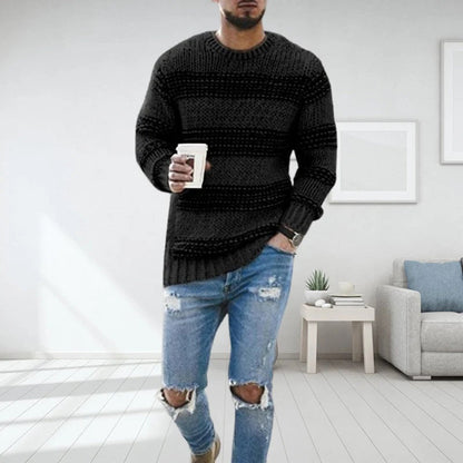 Heren Gebreide Pullover Trui met Strepen en Ronde Hals Zwart