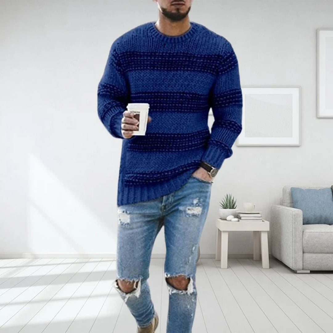 Heren Gebreide Pullover Trui met Strepen en Ronde Hals Blauw