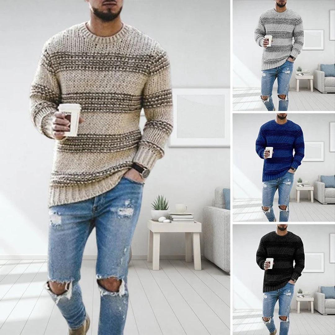 Heren Gebreide Pullover Trui met Strepen en Ronde Hals