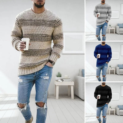 Heren Gebreide Pullover Trui met Strepen en Ronde Hals