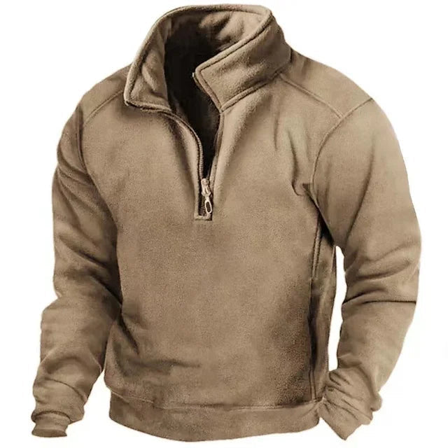 Heren Fleece Trui met Halve Rits Khaki