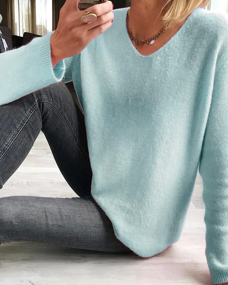 Dames Wijdvallende Trui met V-hals Blauw