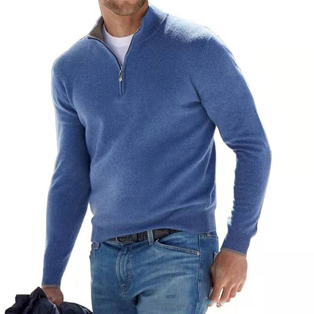 Heren Pullover Trui met V-hals en Halve Rits Blauw