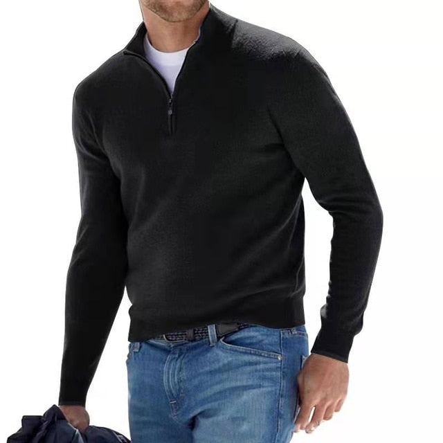 Heren Pullover Trui met V-hals en Halve Rits Zwart