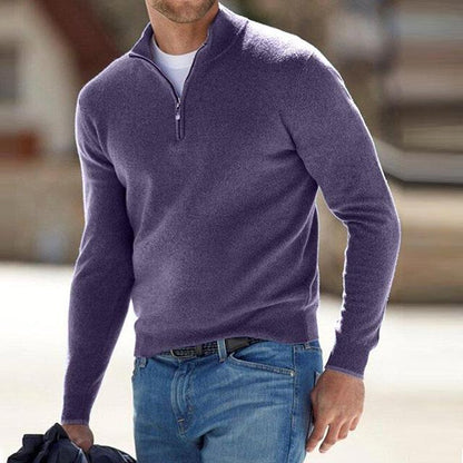 Heren Pullover Trui met V-hals en Halve Rits Paars