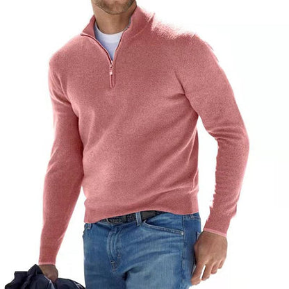 Heren Pullover Trui met V-hals en Halve Rits Roze
