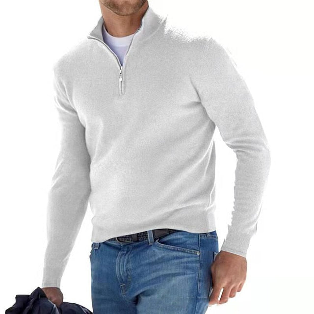 Heren Pullover Trui met V-hals en Halve Rits Wit