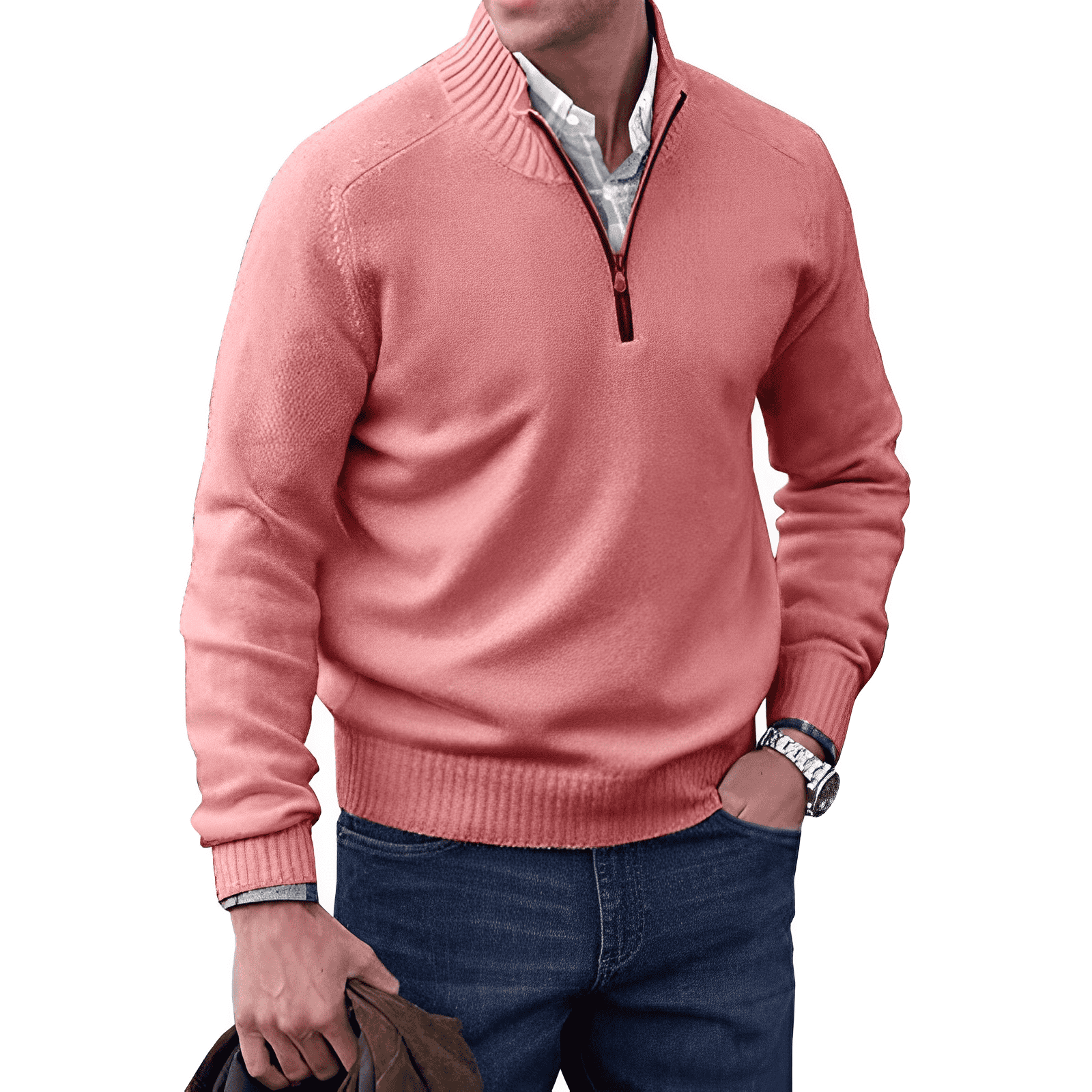 Heren Trui met Halve Rits Casual Pullover Roze