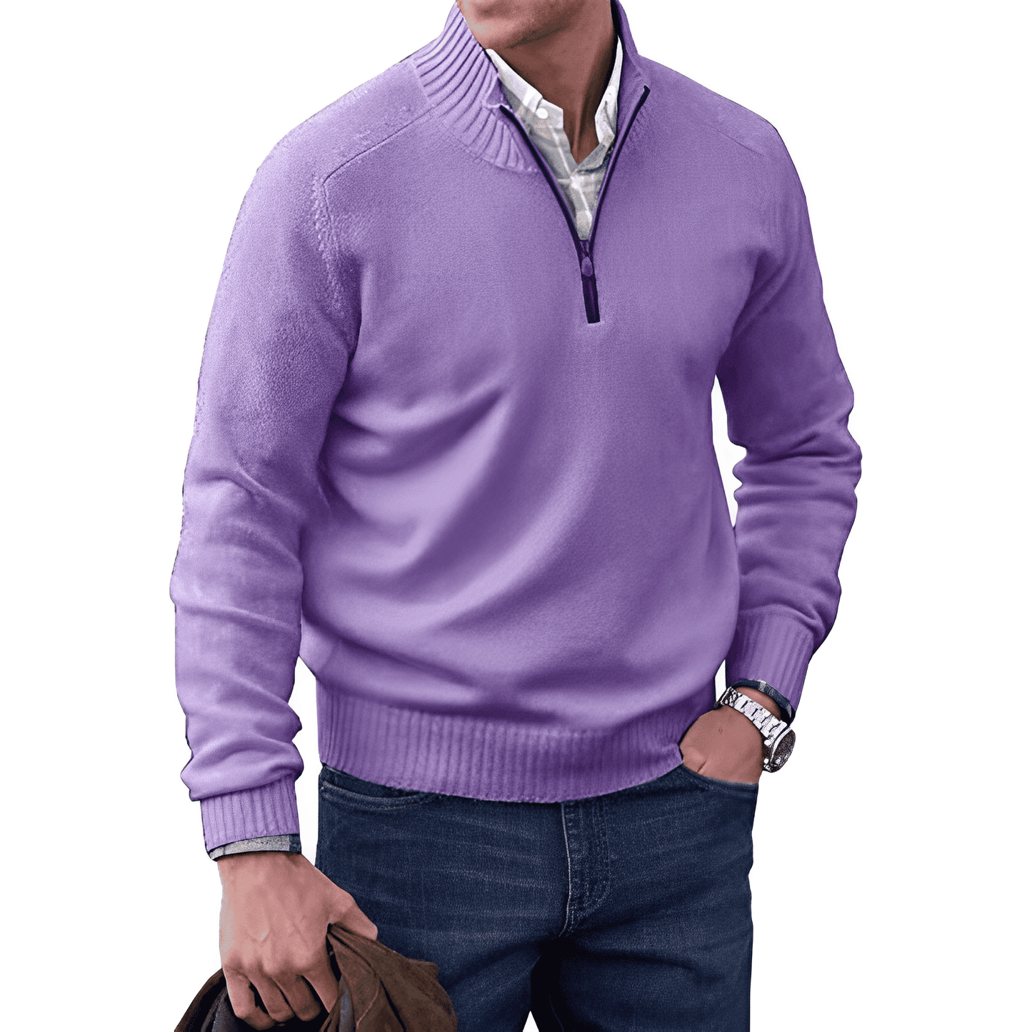 Heren Trui met Halve Rits Casual Pullover Paars