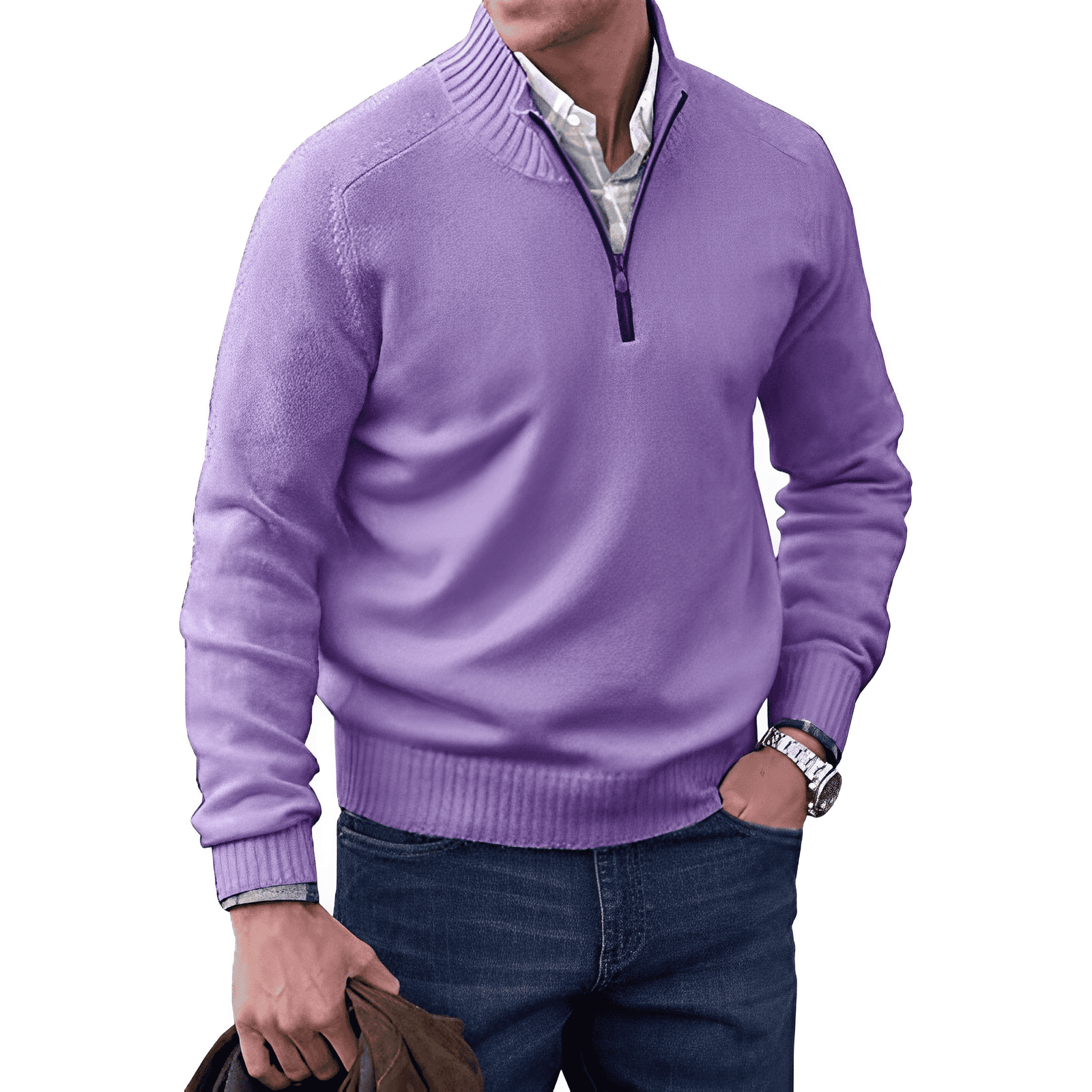 Heren Trui met Halve Rits Casual Pullover Paars