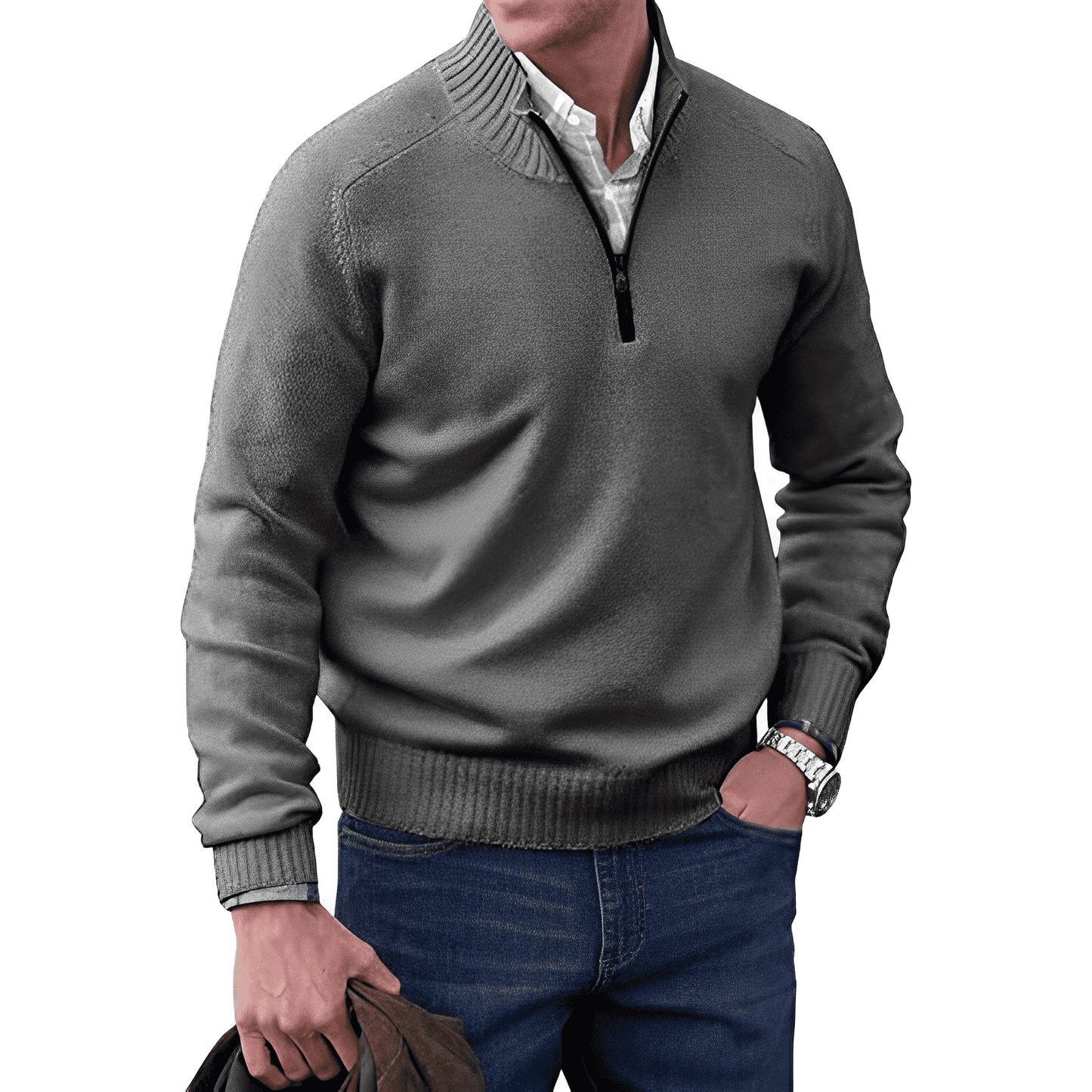 Heren Trui met Halve Rits Casual Pullover Donkergrijs