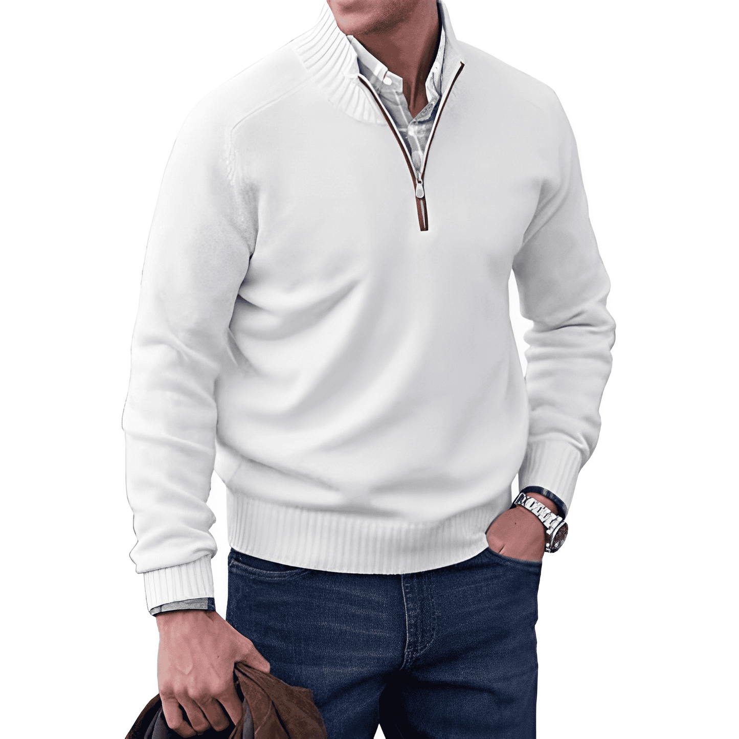 Heren Trui met Halve Rits Casual Pullover Wit