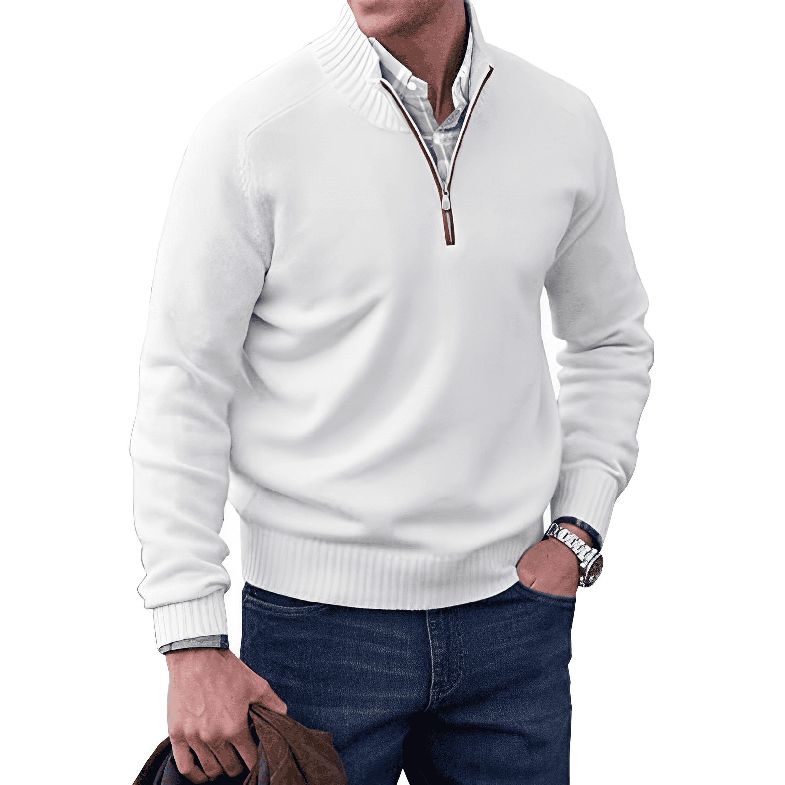 Heren Trui met Halve Rits Casual Pullover Wit