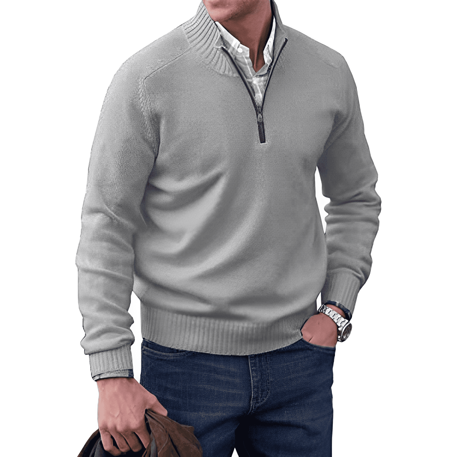 Heren Trui met Halve Rits Casual Pullover Grijs