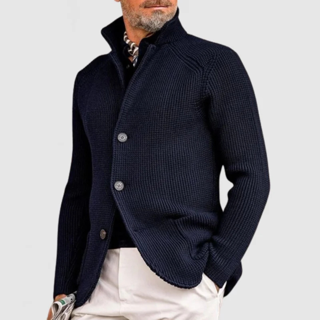 Heren Cardigan Vest Knoopsluiting met Geribbeld Ontwerp Donkerblauw