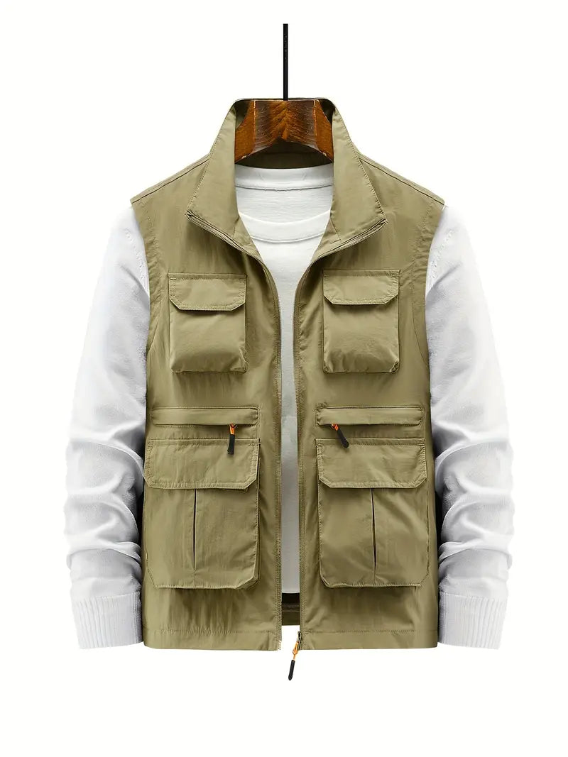 Heren Outdoor Vest met Ritssluiting en Functionele Zakken voor Casual Comfort Khaki