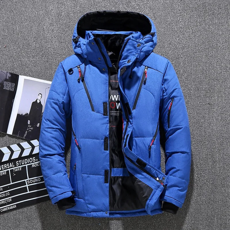 Heren Warme Gewatteerde Parka met Capuchon en Donsvulling Blauw