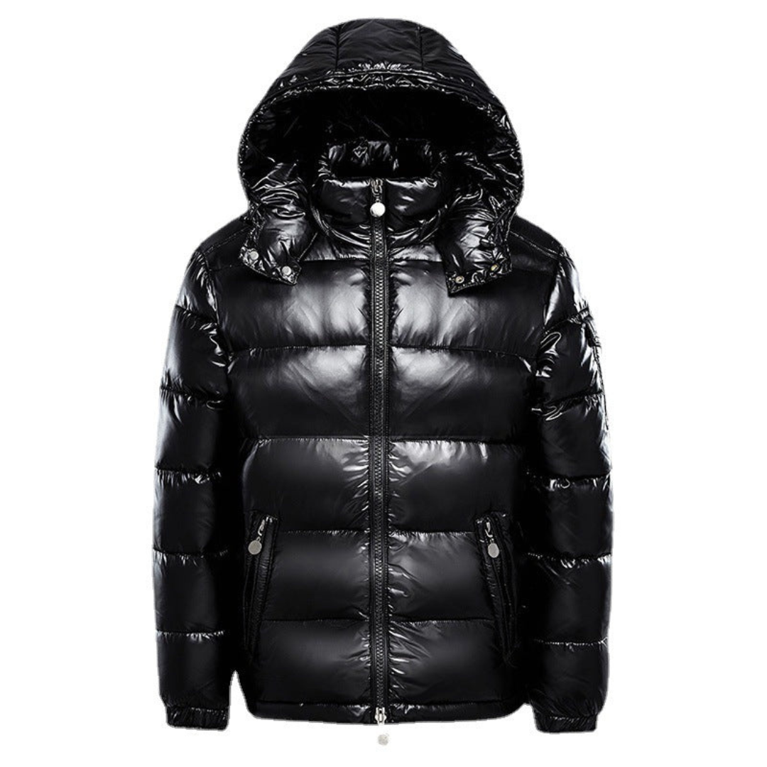 Heren Glanzende Puffer Winterjas met Capuchon en Lichtgewicht Isolatie Zwart
