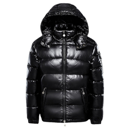 Heren Glanzende Puffer Winterjas met Capuchon en Lichtgewicht Isolatie Zwart