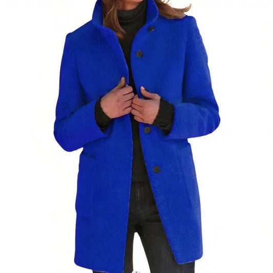 Dames Lange Manteljas met Knopen en Opstaande Kraag Blauw