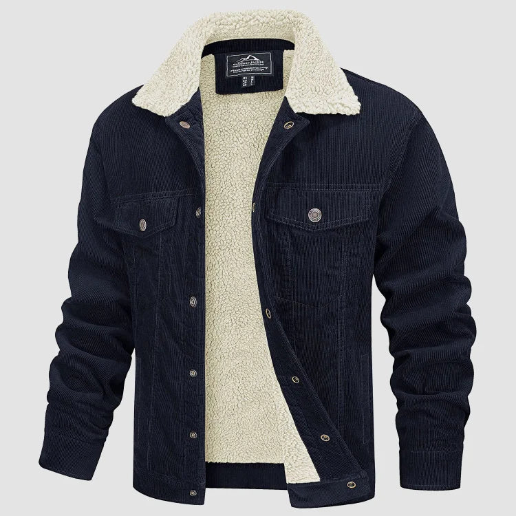 Heren Corduroy Winterjack met Voering en Bontkraag Marineblauw