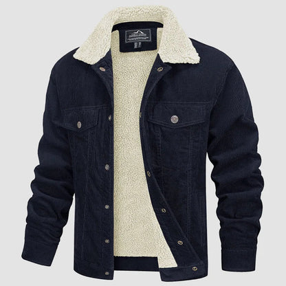 Heren Corduroy Winterjack met Voering en Bontkraag Marineblauw