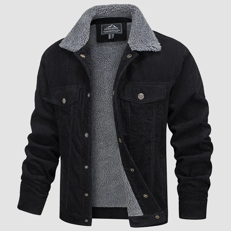 Heren Corduroy Winterjack met Voering en Bontkraag Zwart