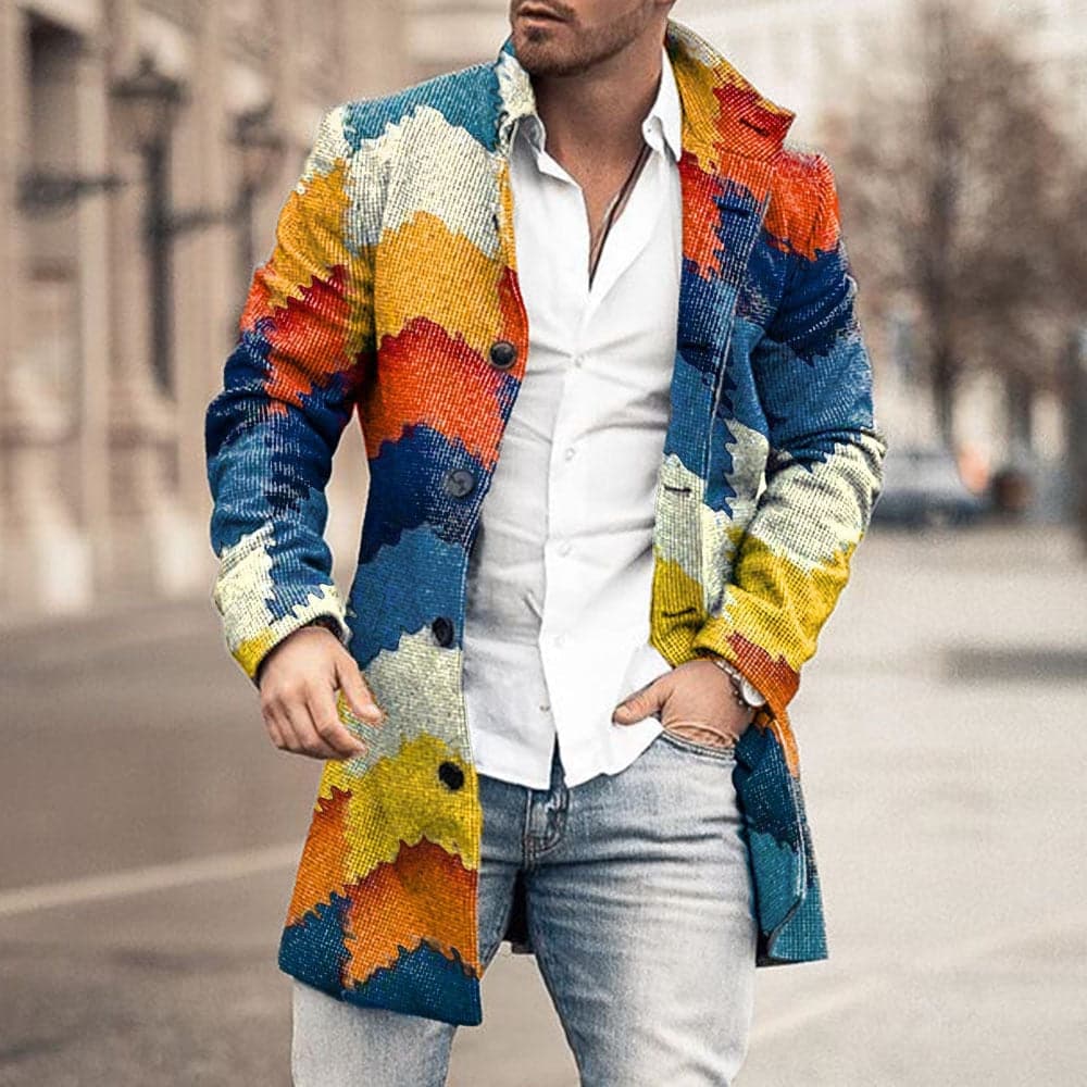 Heren Klassieke Winter Manteljas Lang met Knoopsluiting Oranje Geel Blauw
