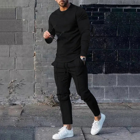 Heren Sportieve Tweedelige Set met Shirt en Lange Joggers Zwart